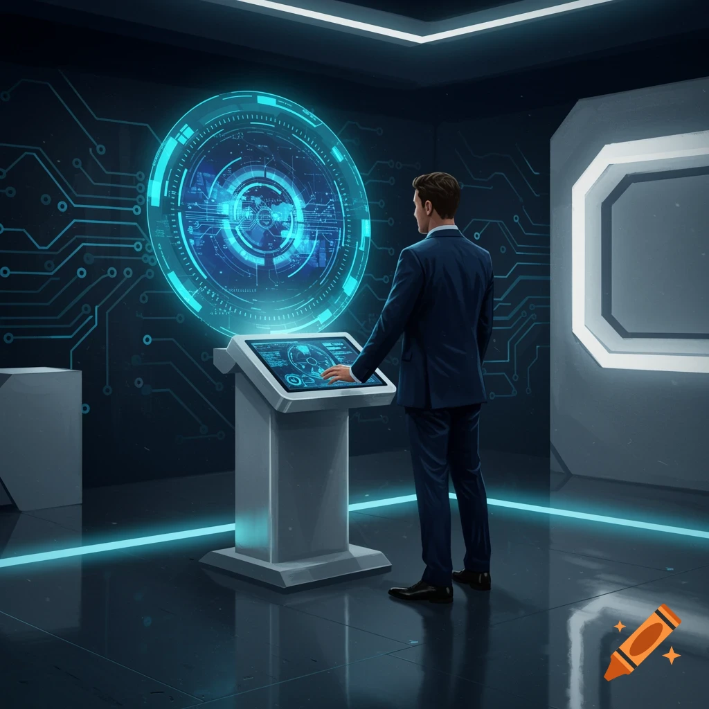 A man in a suit interacts with a futuristic digital screen on a demo stand, with a large glowing circular interface on the wall in a dark, high-tech room.