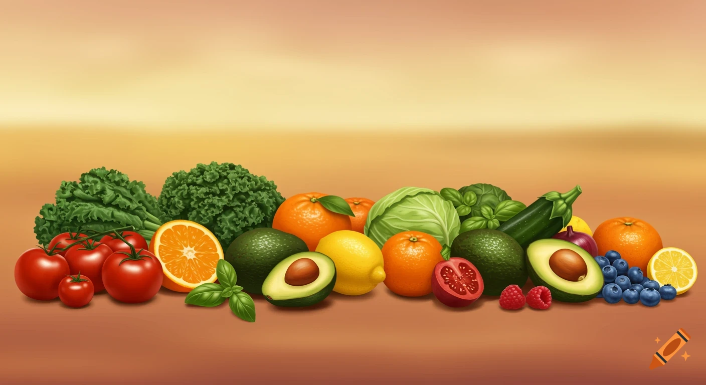 A vibrant assortment of fresh fruits and vegetables, including tomatoes, kale, oranges, avocados, lemons, and berries, on a warm-toned background.