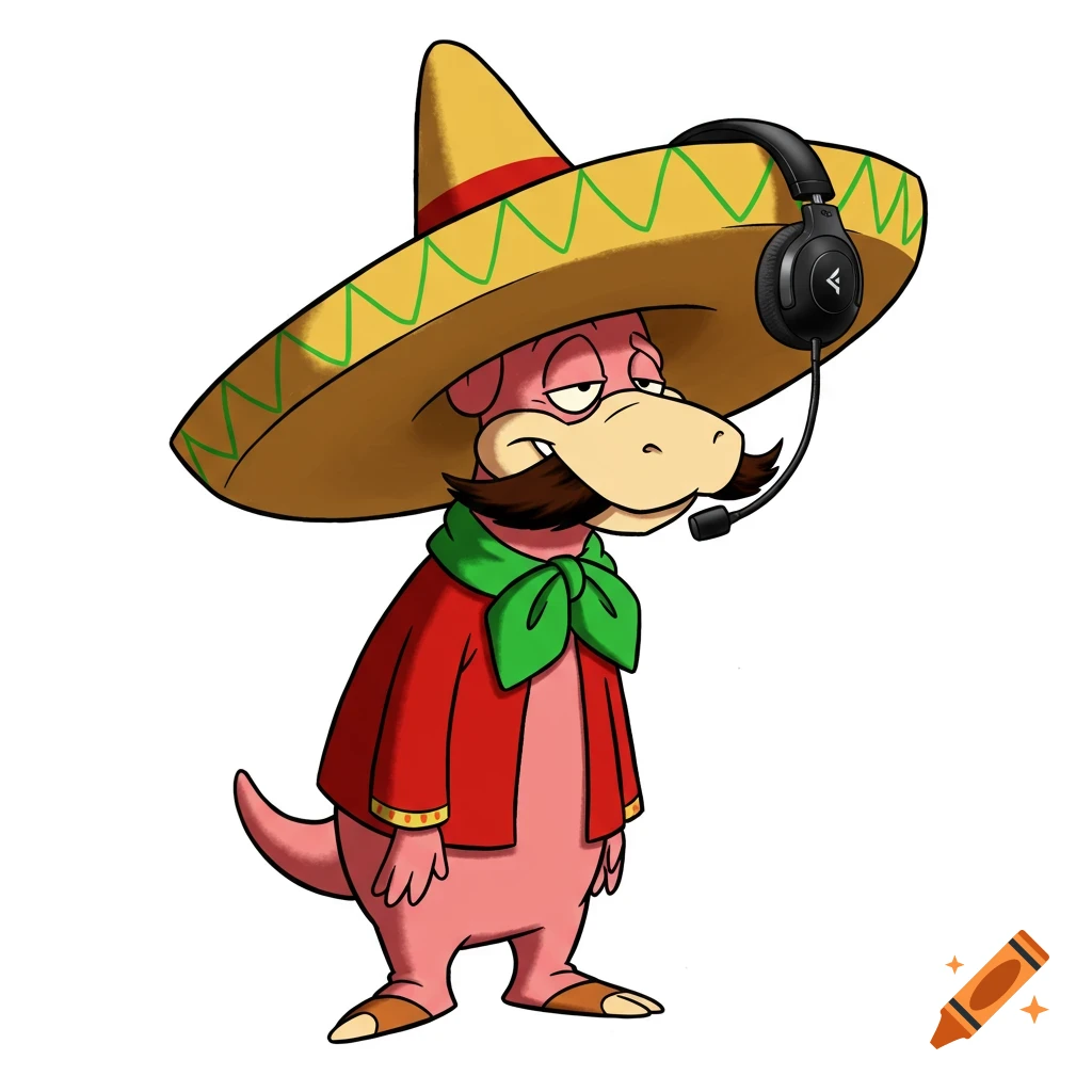 A cartoon Slowpoke character in a large sombrero and mustache, wearing a red jacket, green scarf, and a black gaming headset with a microphone.