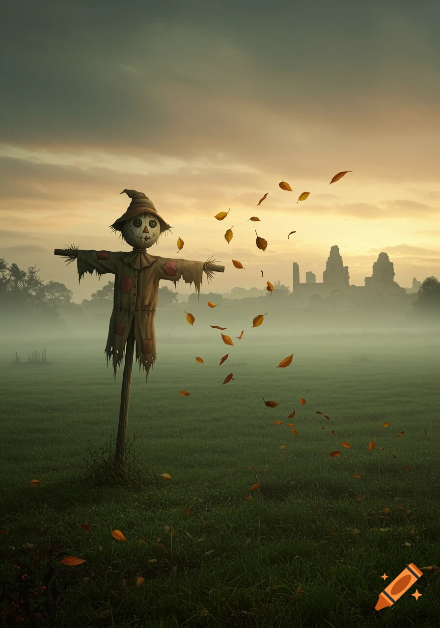 A scarecrow stands in a misty, grassy field at sunset with autumn leaves blowing. Distant ruins are visible in the background.