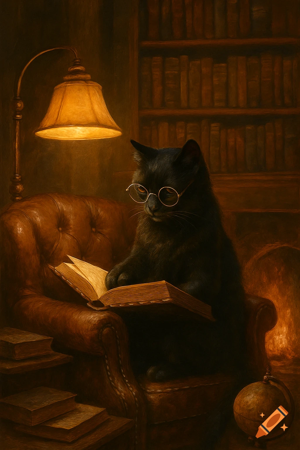 A black cat wearing glasses reads a book in a cozy leather armchair under a lamp, in a dimly lit library painting.