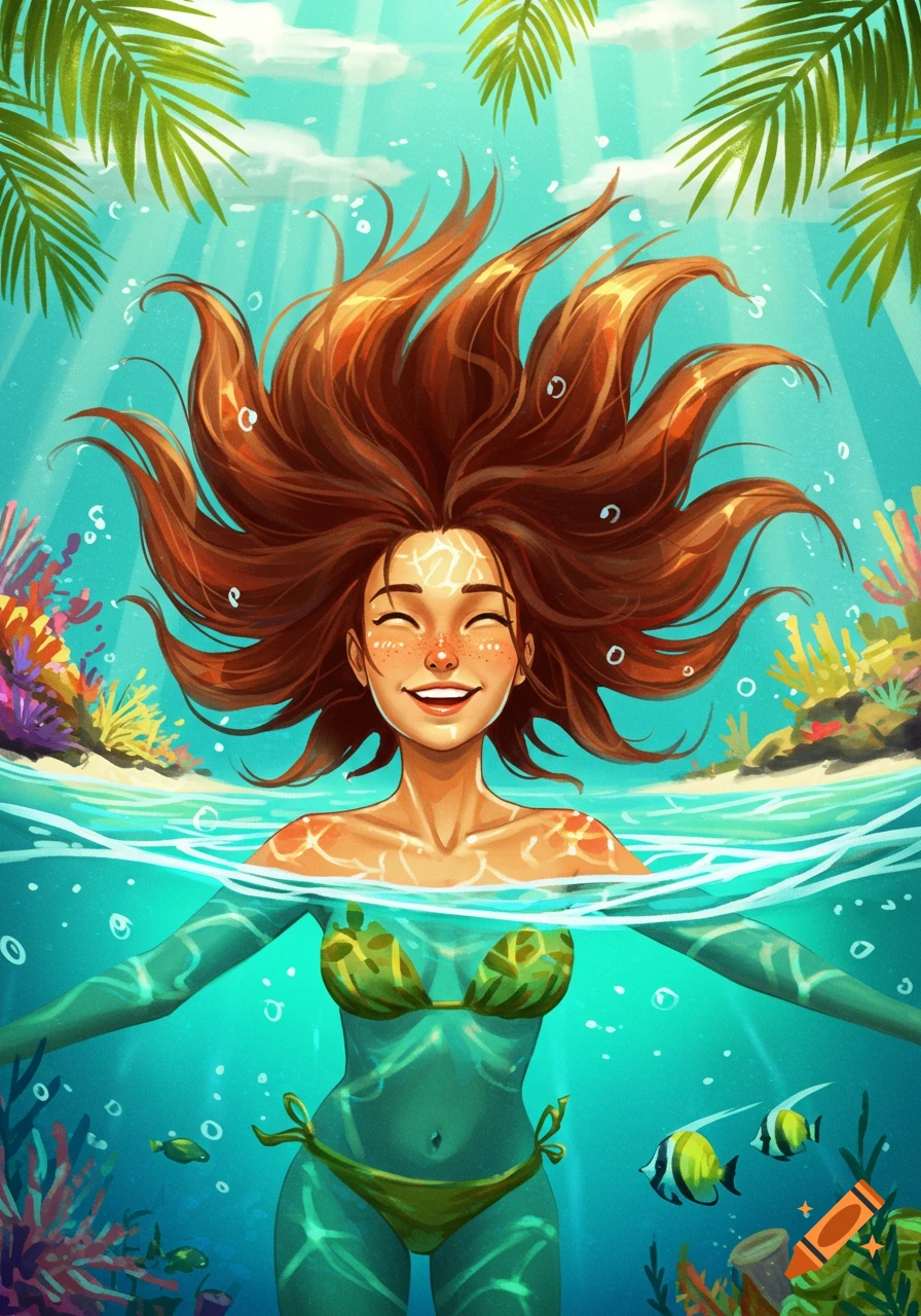 Illustration of a smiling woman with long red hair swimming underwater in a bikini, with coral and tropical fish.