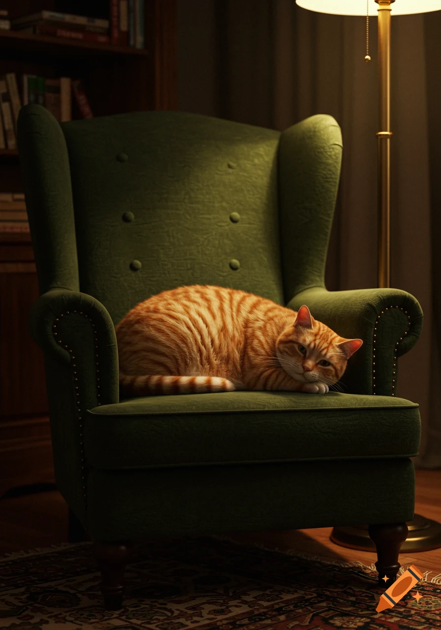 An orange tabby cat is curled up and resting on a green armchair in a softly lit room.