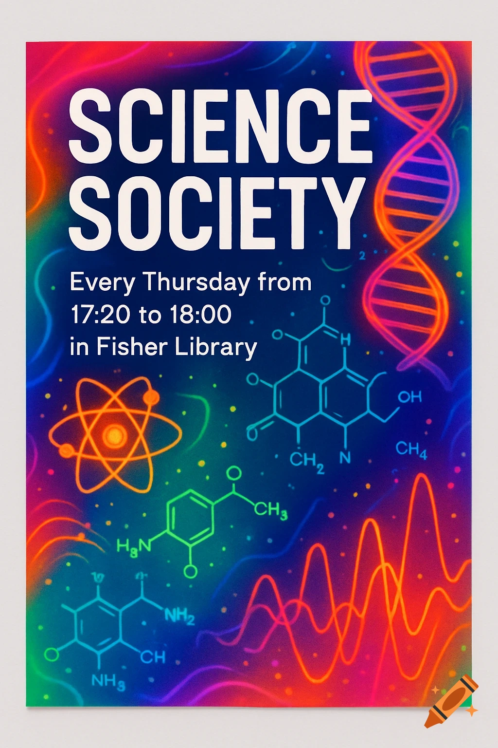 A vibrant, neon-colored poster for 'Science Society' with illustrations of DNA, atoms, chemical structures, and wave patterns. Text provides event details: 'Every Thursday from 17:20 to 18:00 in Fisher Library'.