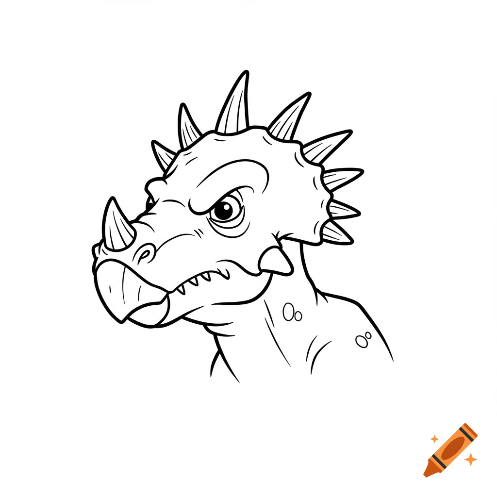 A black and white line drawing of a Stygimoloch, a dinosaur with a spiky, dome-shaped head, showing an angry expression.
