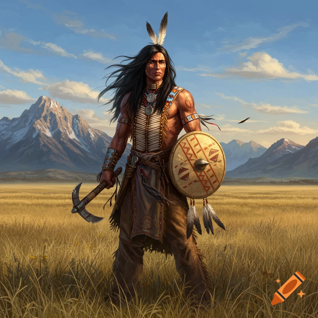 A stoic Native American warrior with long dark hair stands in a grassy field, holding an axe and a decorated shield, with mountains in the background under a blue sky.