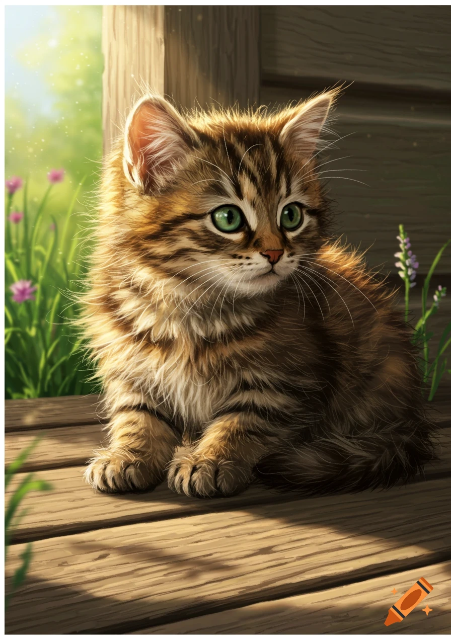 A fluffy tabby kitten with green eyes sits on a sunlit wooden porch, with green foliage and purple flowers in the background.