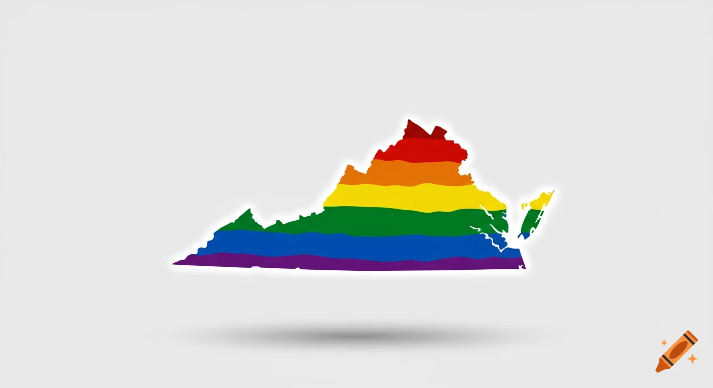 Map of the state of Virginia filled with rainbow pride flag colors on a white background.