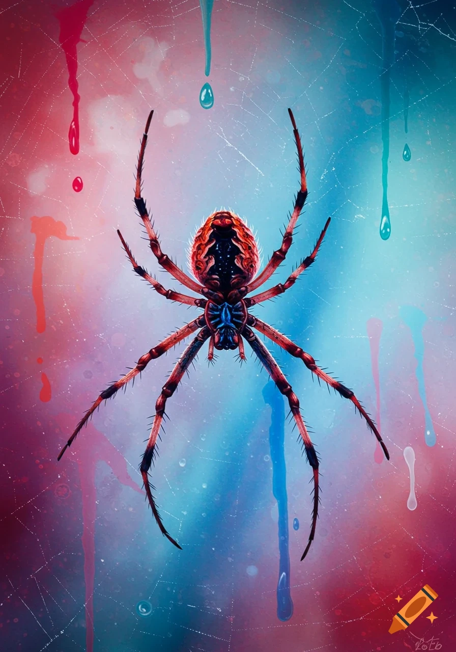A vibrant illustration of a red and black spider on a background with dripping red and blue paint.