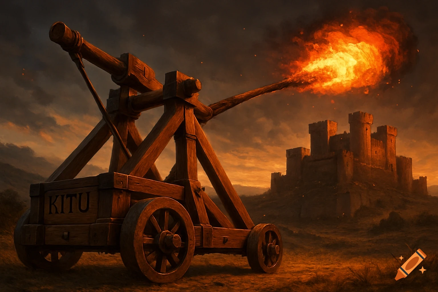 A medieval wooden catapult branded 'Kitu' launches a flaming projectile towards a stone fortress at sunset.