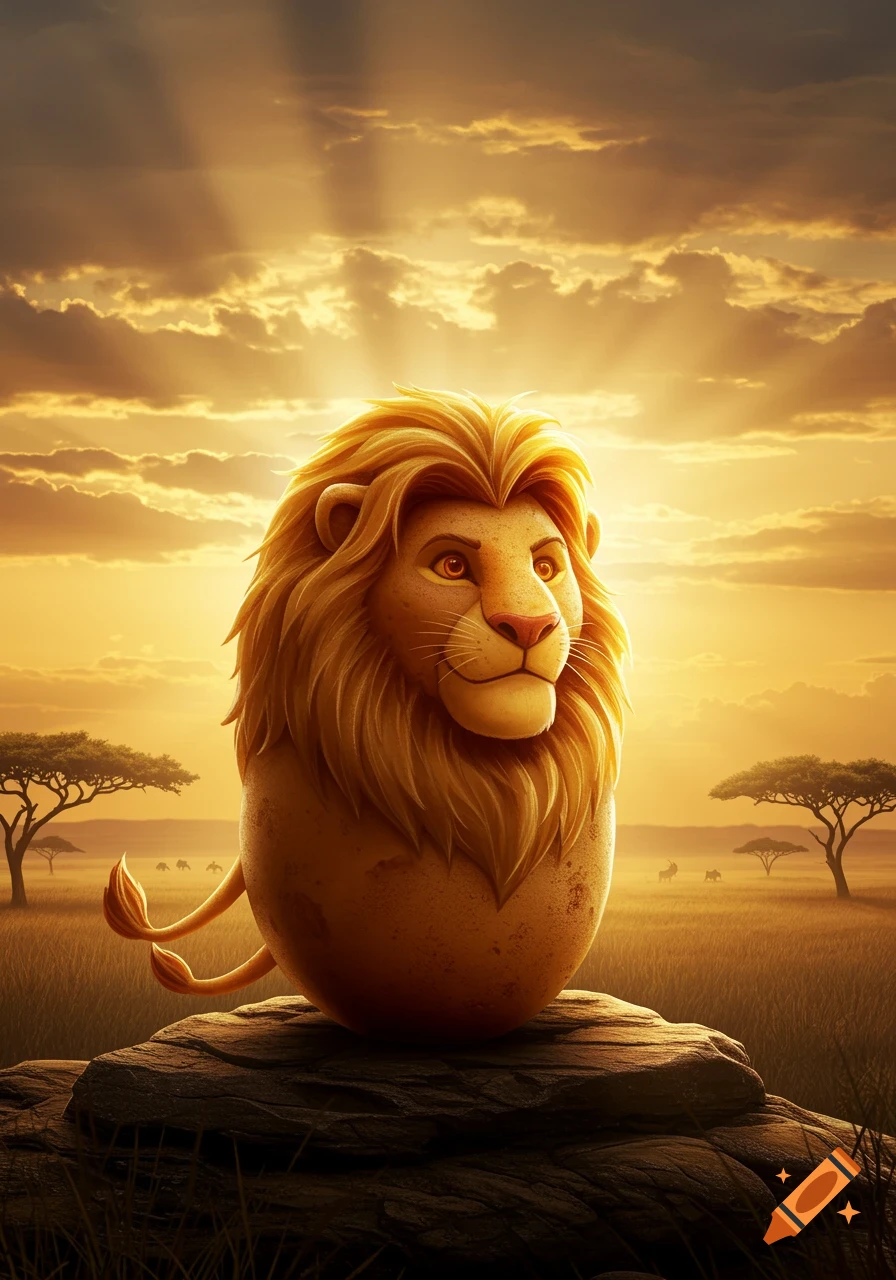 A stylized potato shaped like a lion with a golden mane sits on a rock in a savanna at sunset.