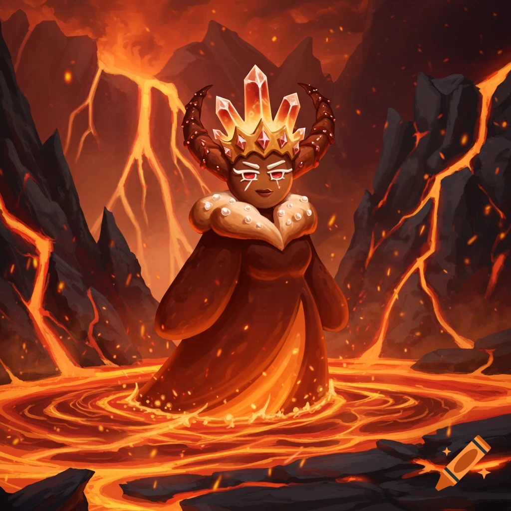 A dark brown queen character with horns and a crystal crown stands in swirling lava amidst volcanic mountains.