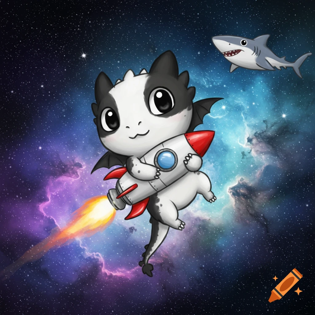 Cute cartoon black and white dragon flying a rocket ship through a starry galaxy, with a smiling shark in the background.