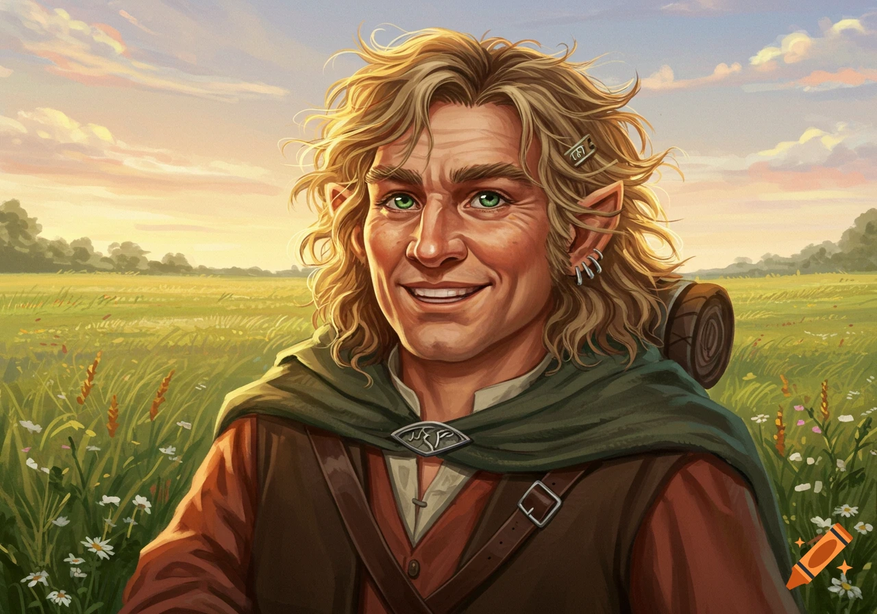 An illustration of a smiling male halfling with blonde curly hair and green eyes, wearing a cloak, standing in a sunny green field.