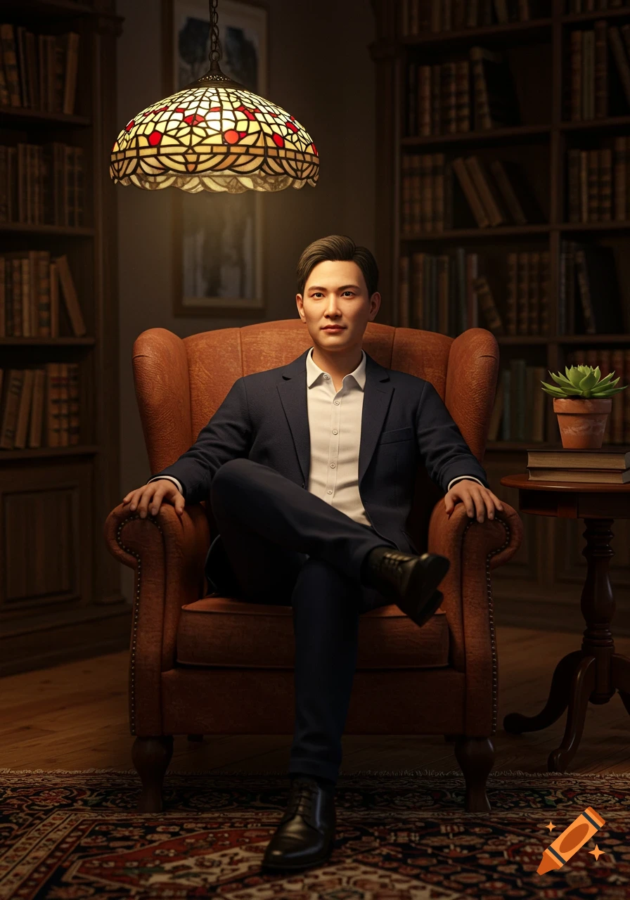 A man in a suit sits relaxed in a leather armchair in a dimly lit library under a stained glass lamp.