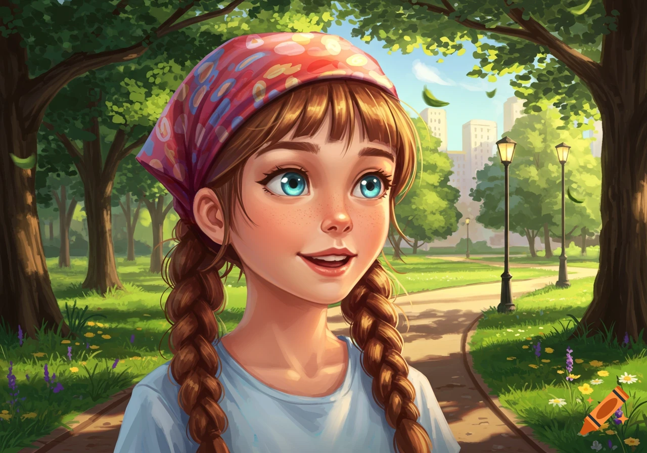 A smiling cartoon girl with braided pigtails and a colorful bandana stands in a sunny park with trees and a city skyline.