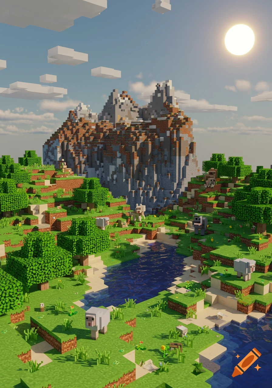 A vibrant, blocky Minecraft-style landscape with a river, green hills, trees, sandy shores, and blocky animals under a bright sun.