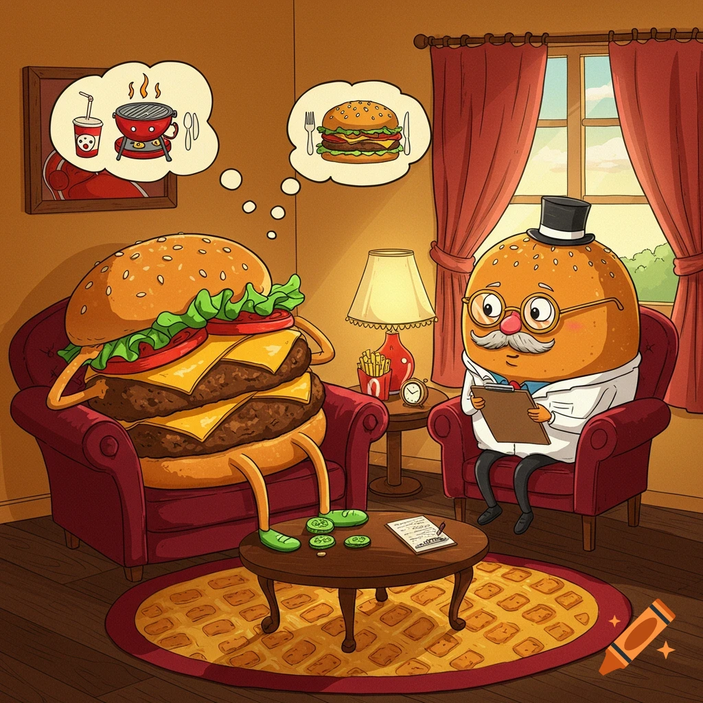 A cartoon burger patient talks to a burger therapist in a top hat during a session.