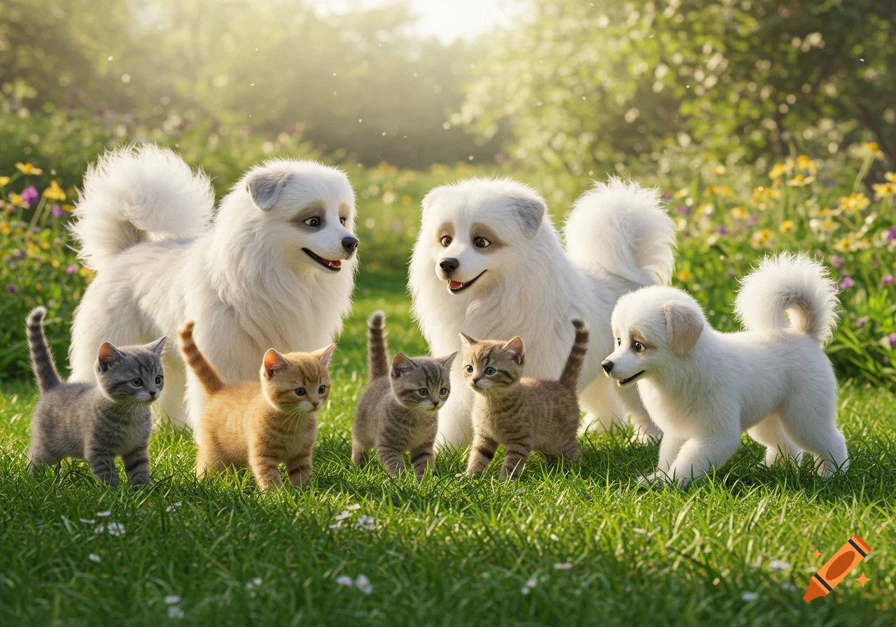 Animated fluffy white dogs and various colored kittens in a lush green field.