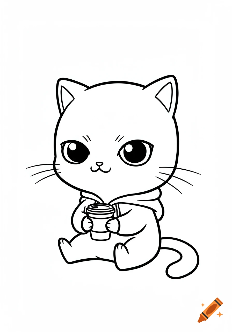 A cute, chibi-style black and white line art of a cat wearing a hoodie, holding a coffee cup.