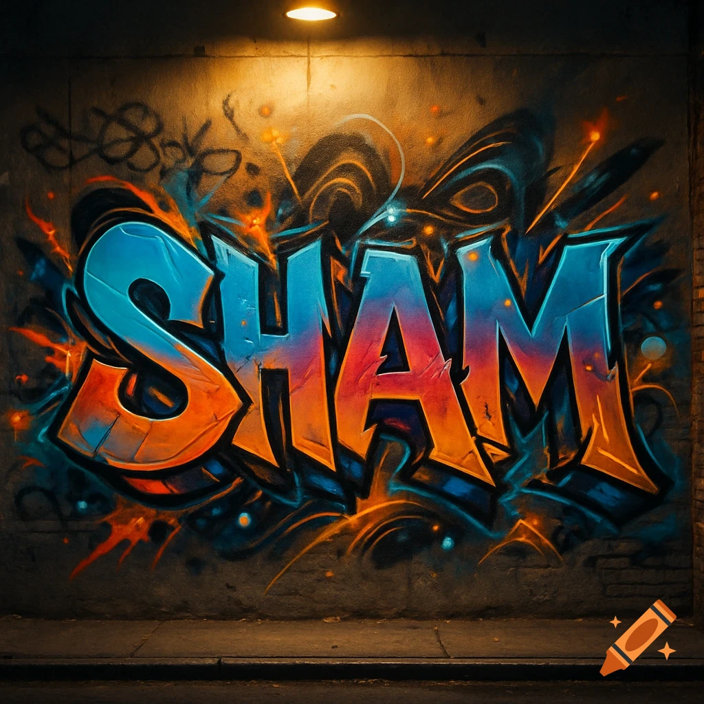 A vibrant, stylized graffiti spelling "SHAM" on a concrete wall, illuminated by a single light.