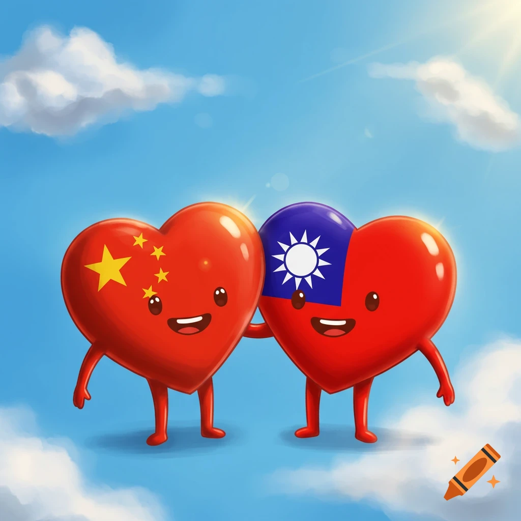Two smiling cartoon hearts, one with China's flag and one with Taiwan's flag, hold hands in a blue sky.