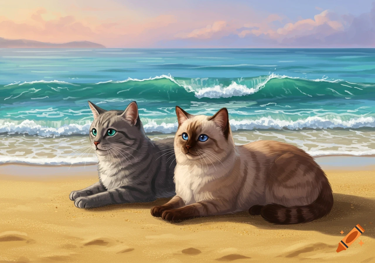 A gray tabby cat and a chocolate point Birman cat lie on a sandy beach by the blue ocean.