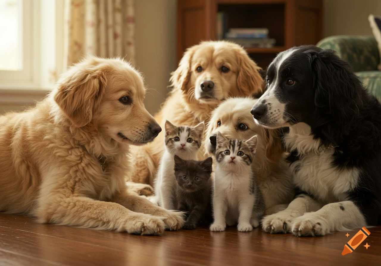 Three adult dogs and three kittens of various colors sitting together on a wooden floor.