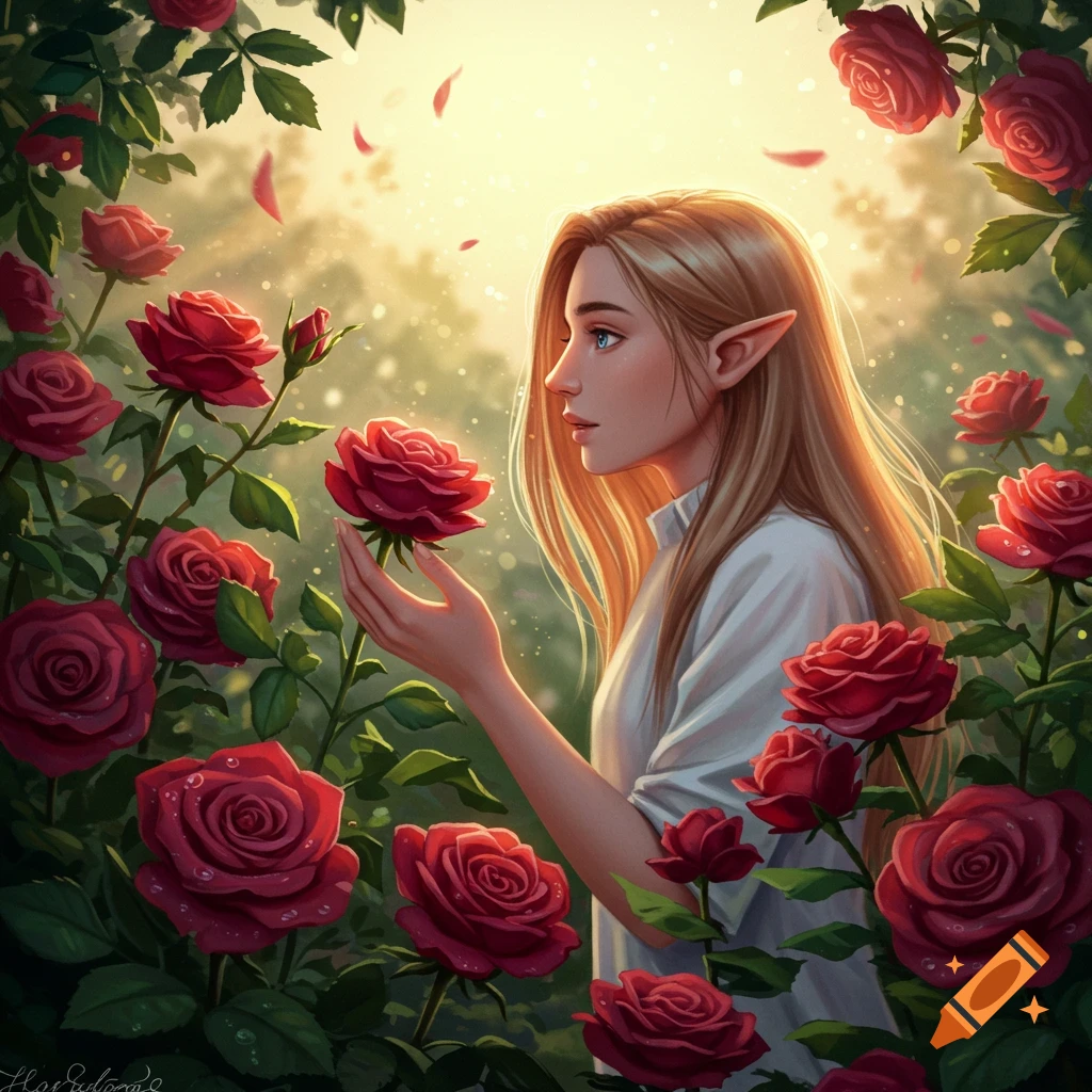 A serene elf-like woman with long blonde hair gently holds a red rose in a lush garden bathed in golden light, digital art.
