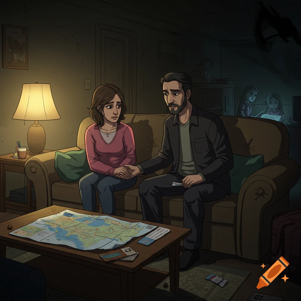 A man and woman sit on a couch in a dimly lit room, holding hands as they have a serious conversation. A map is on the coffee table.