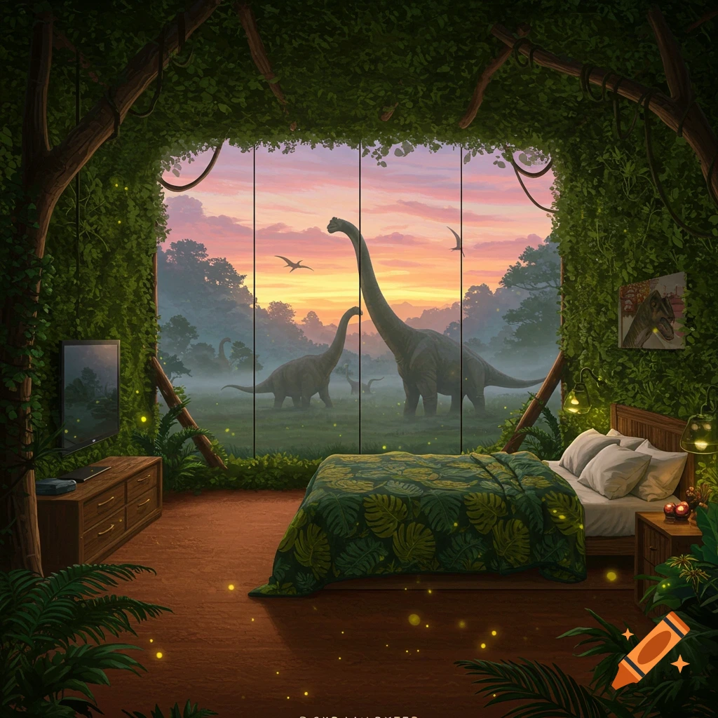 A fantasy bedroom with lush green foliage, looking out through large windows at a Jurassic landscape with dinosaurs at sunset.