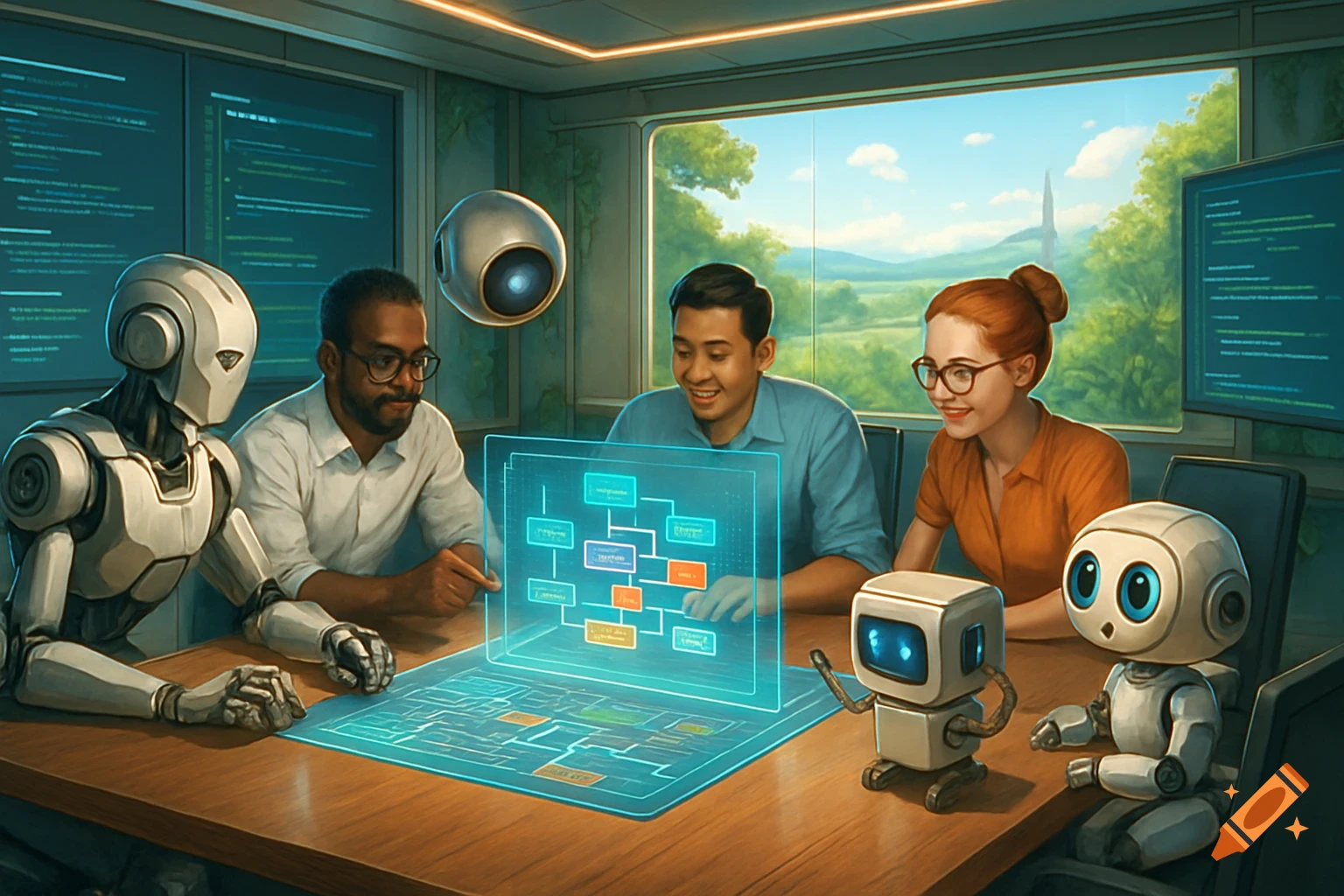 Human engineers and robots collaborate around a holographic display in a futuristic meeting room, with outdoor views of a lush landscape.