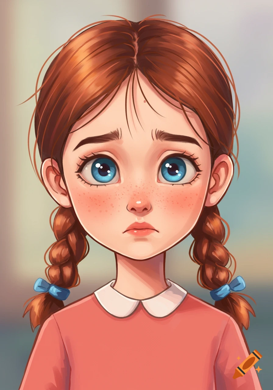 Cartoon portrait of a worried little girl with reddish-brown pigtails, big blue eyes, and freckles, wearing a pink dress.