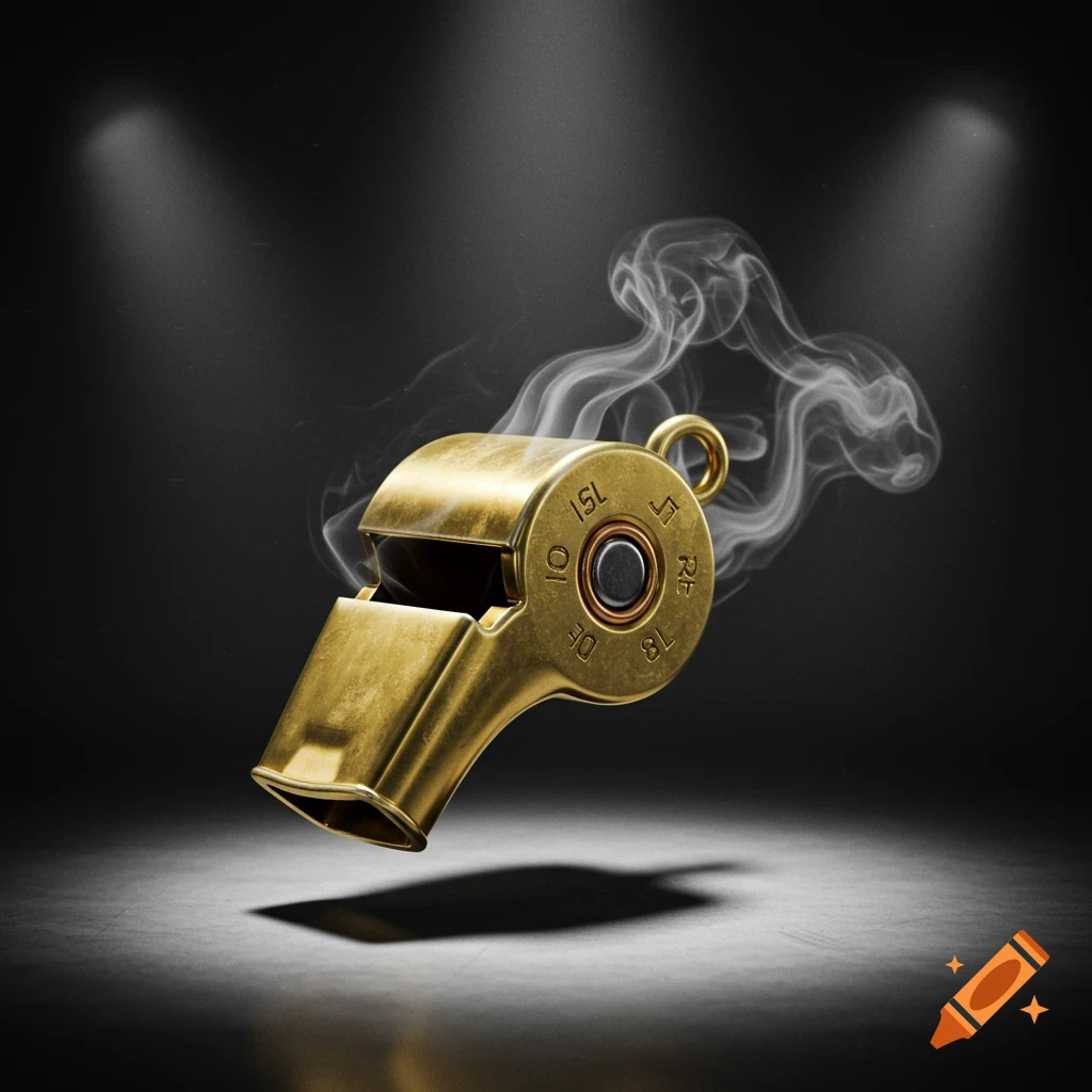 A golden whistle, designed like a shotgun shell, floats on a dark background with smoke rising from it, illuminated by spotlights.
