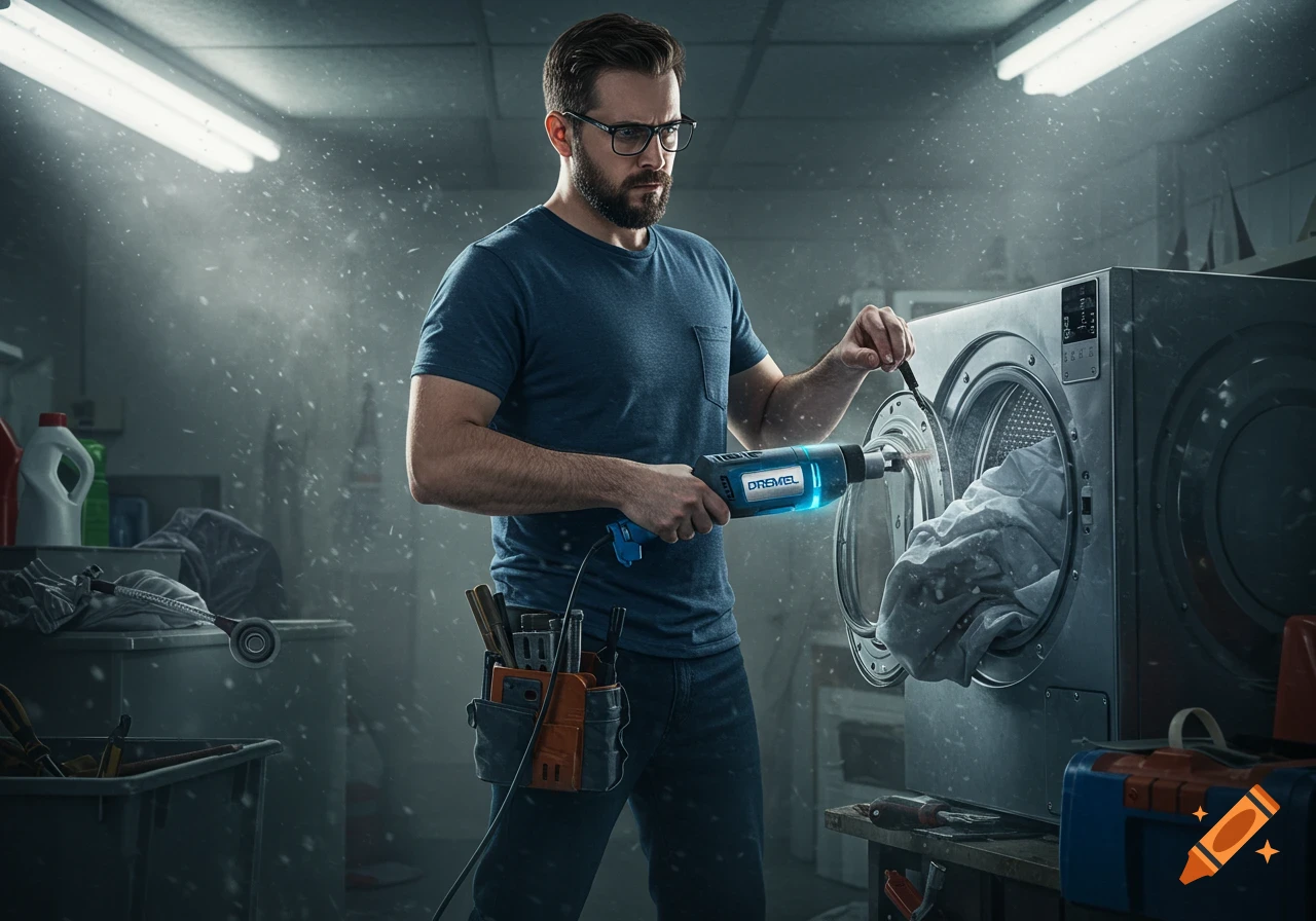 A man with glasses and a goatee uses a Dremel tool to repair a washing machine in a dusty utility room.