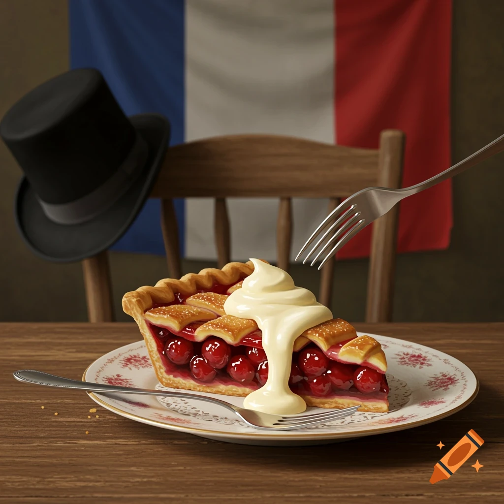 A slice of cherry pie with whipped cream sits on a floral plate with a fork, beside a top hat on a chair. A French flag hangs in the background.