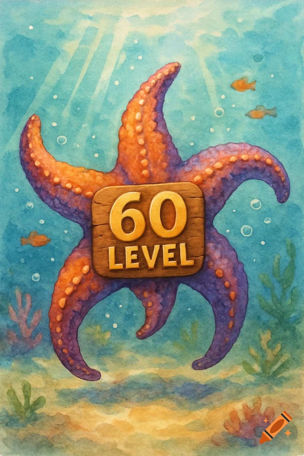 A vibrant watercolor illustration of an orange and purple starfish holding a wooden sign that reads "60 LEVEL" underwater. The seabed is sandy with plants and small fish.