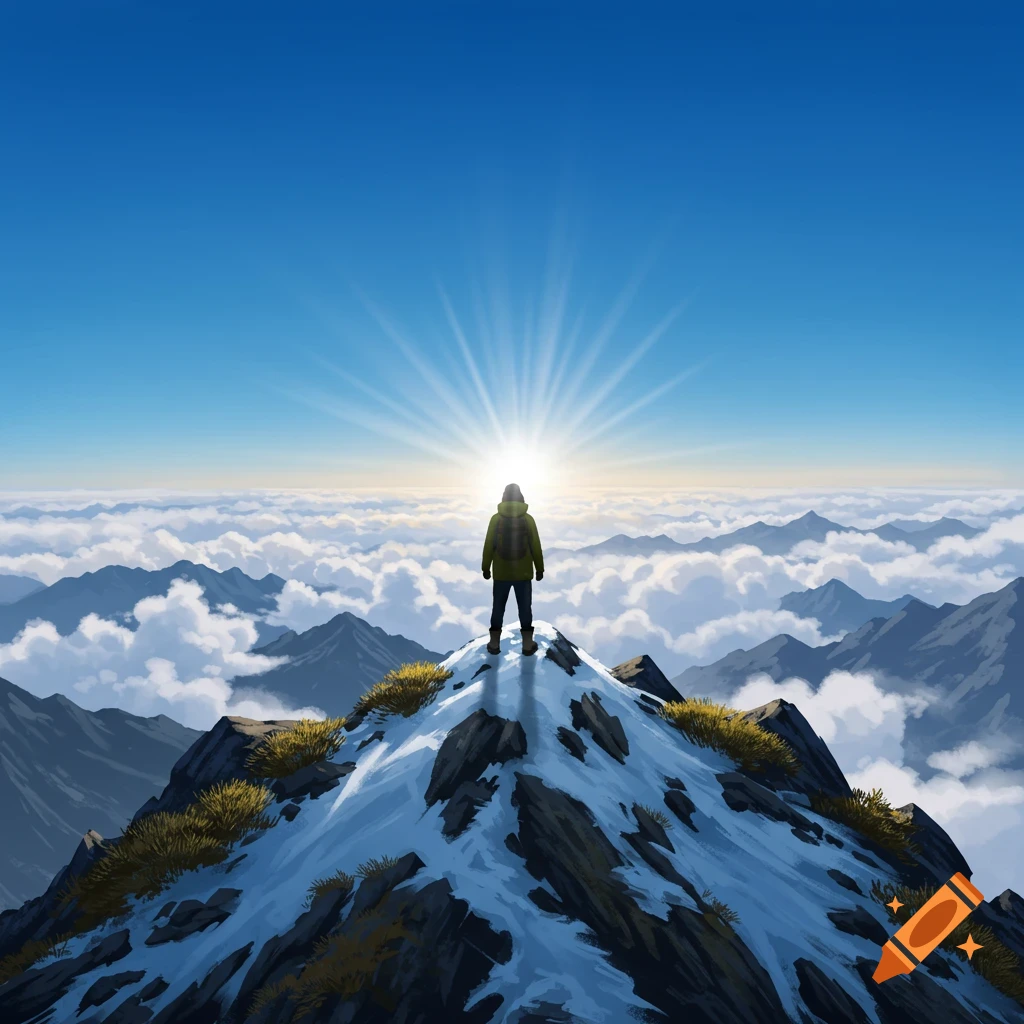 A lone hiker stands on a snow-capped mountain peak, overlooking a sea of clouds as a bright sunburst glows on the horizon, in an illustrated style.