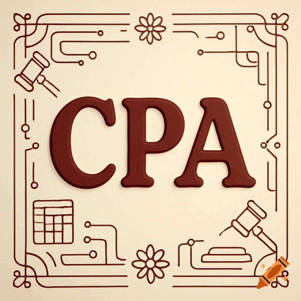 A burgundy CPA logo on a cream background with stylized circuit board lines, a gavel, and a spreadsheet icon.