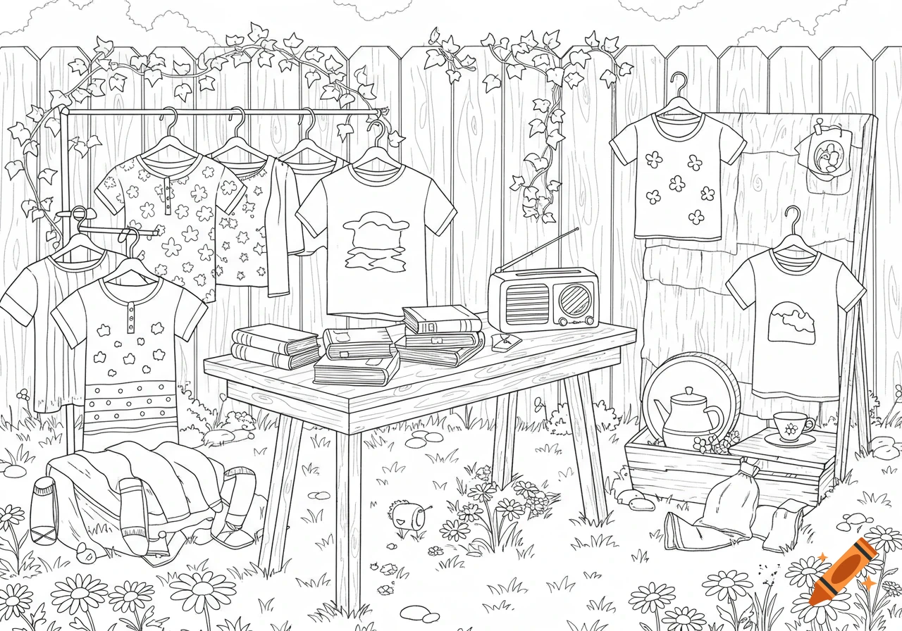 Line art illustration of a yard sale with clothes, books, and a radio displayed on a table and clothing racks in a backyard.