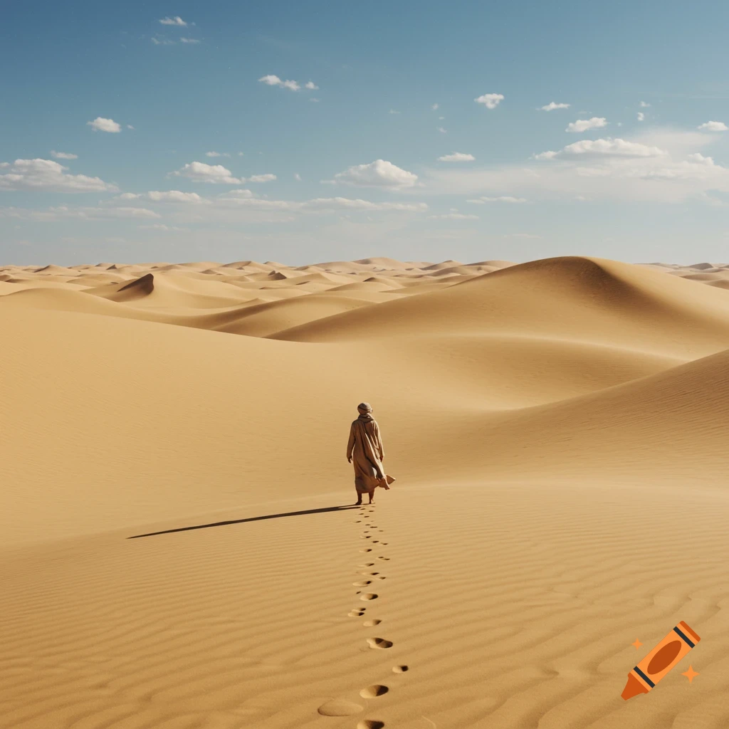A person in a robe walks away into a vast desert of sand dunes, leaving footprints behind.