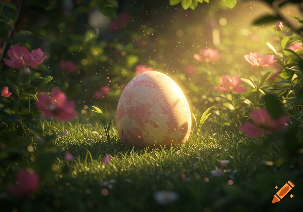 A light pink speckled egg sits glowing in green grass among pink flowers and shimmering light.