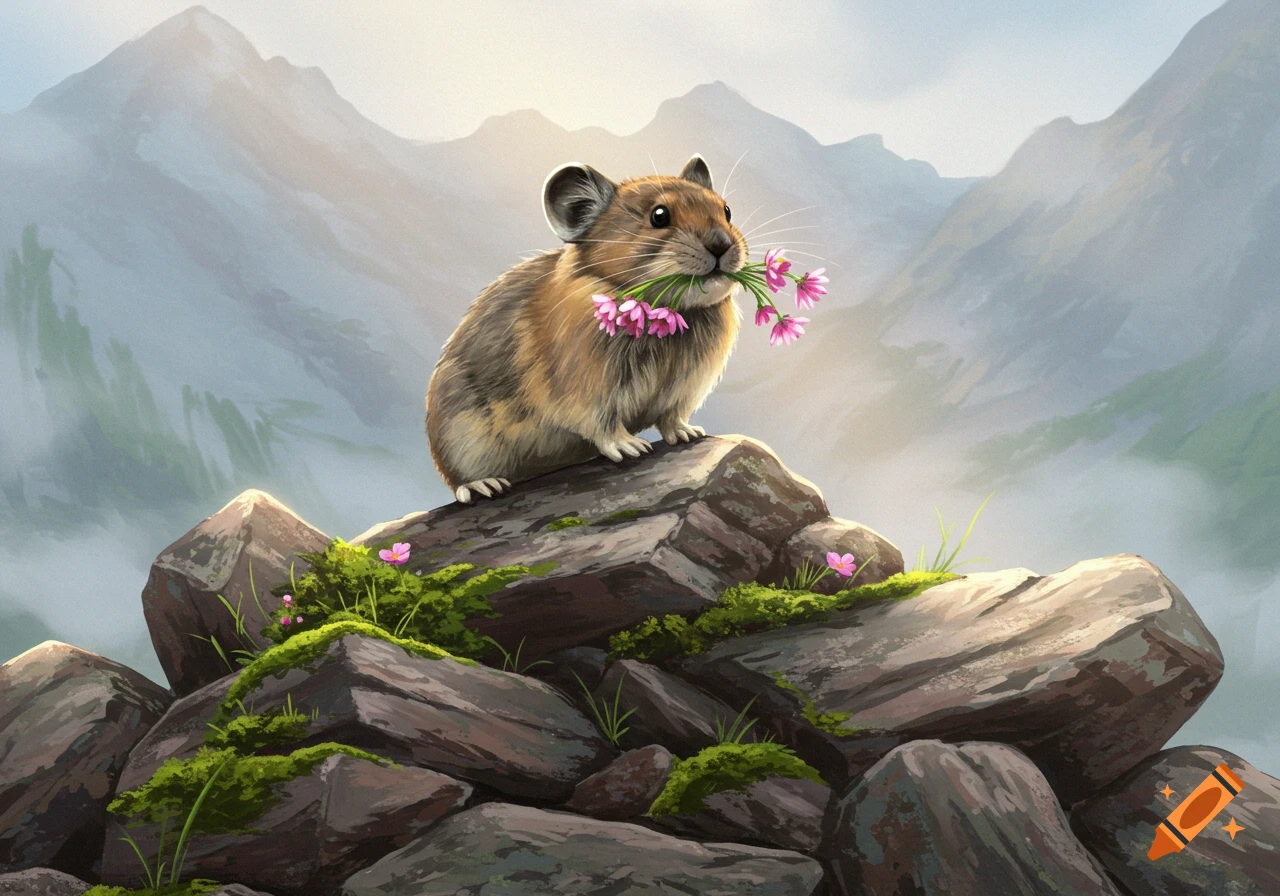 A cute pika holding pink flowers in its mouth, sitting on mossy rocks with misty mountains in the background.