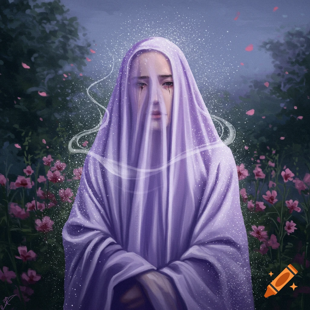 A figure with a solemn expression, veiled in shimmering purple fabric, stands amidst pink flowers and falling petals in a hazy garden.