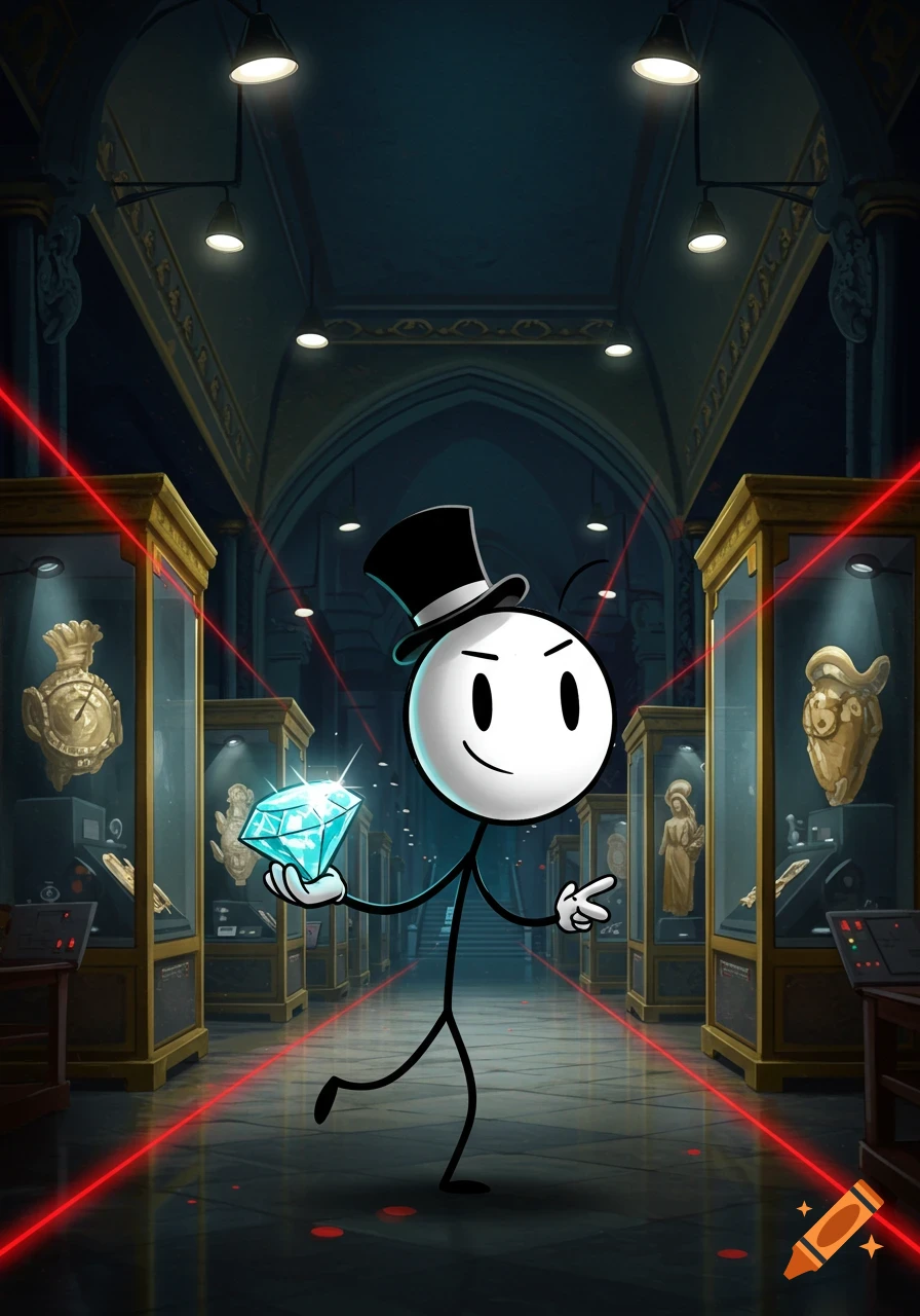 Cartoon Henry Stickmin smiles, holding a stolen diamond, standing in a museum vault with red laser security beams.