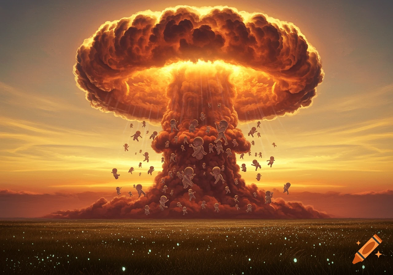 A large mushroom cloud with many stylized babies falling from it, over a green field under an orange sunset.