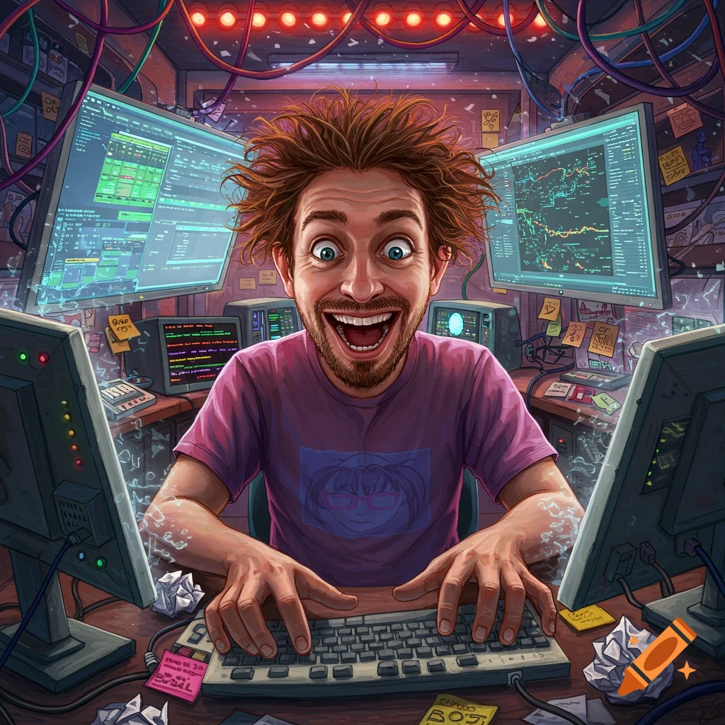 A wide-eyed, crazy-haired man with a beard and purple shirt laughs maniacally while typing on a keyboard, surrounded by multiple computer screens displaying code and data, cables, and sticky notes in a messy room.
