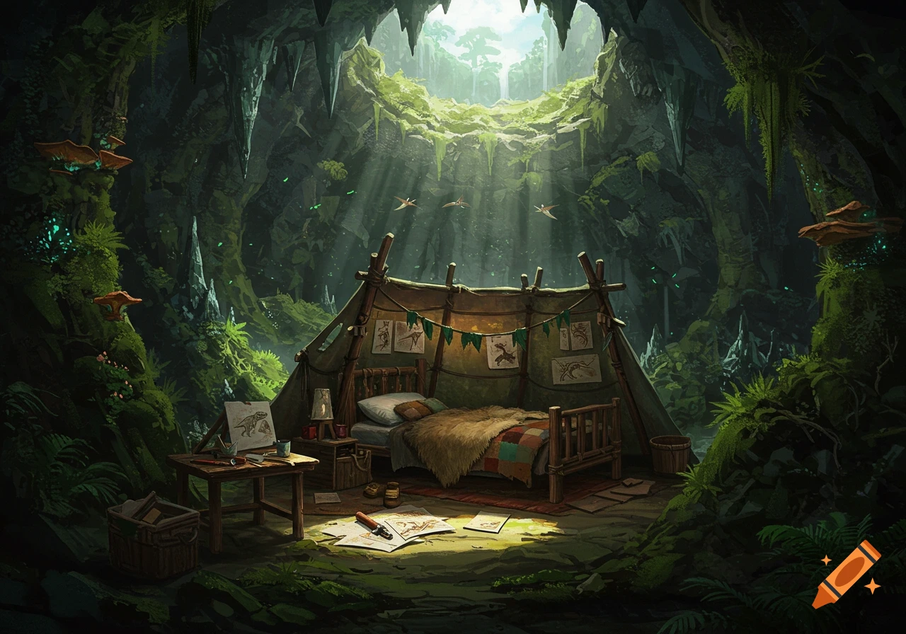 A detailed illustration of a cozy camp set up inside a large, verdant cavern with light streaming from an opening above.