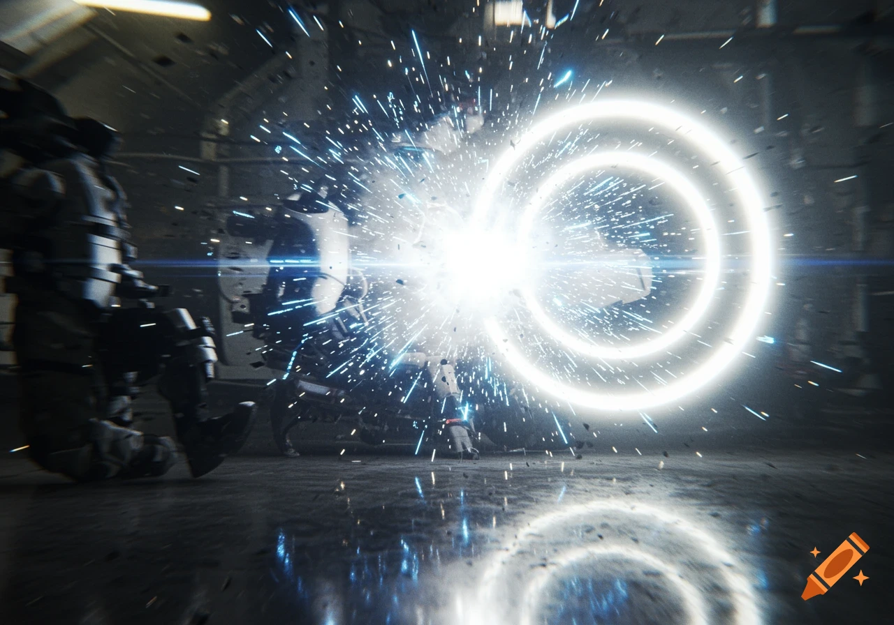A bright, blinding flashbang explosion with concentric light rings and sparks, illuminating armored figures in a dark, metallic environment.