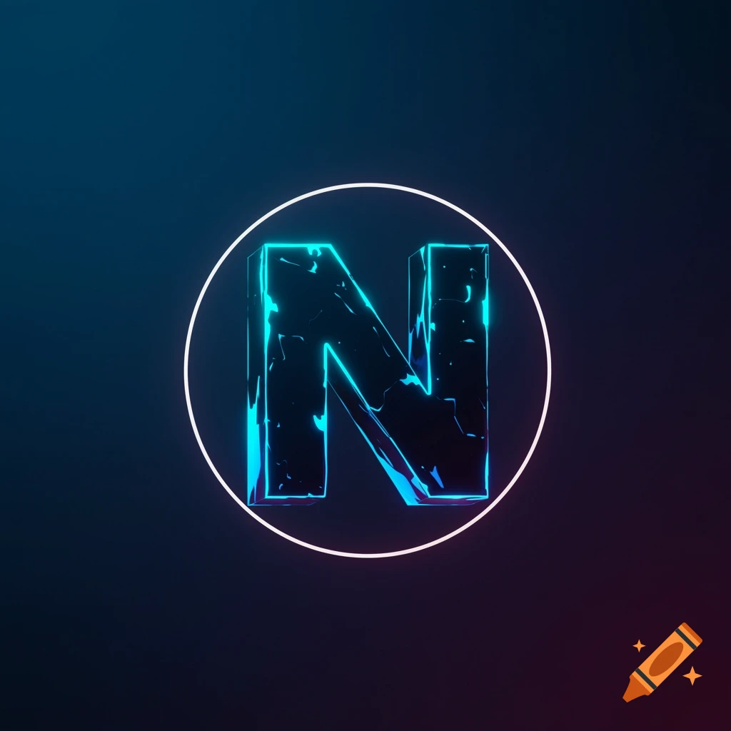 A glowing, textured capital N in blue and teal inside a white circle on a dark background.